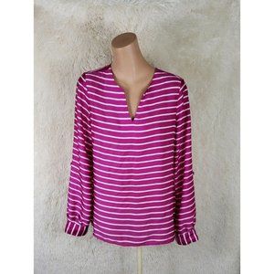 Ann Taylor Women's Size XS Vneck Blouse Roll Tab Sleeves Pink White Striped E